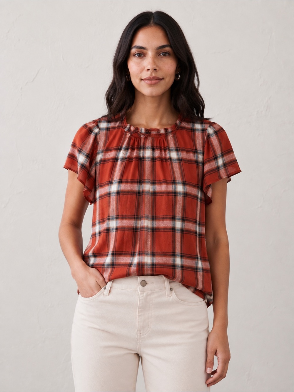 Time and Tru Rust Plaid Short Flutter-Sleeve Blouse